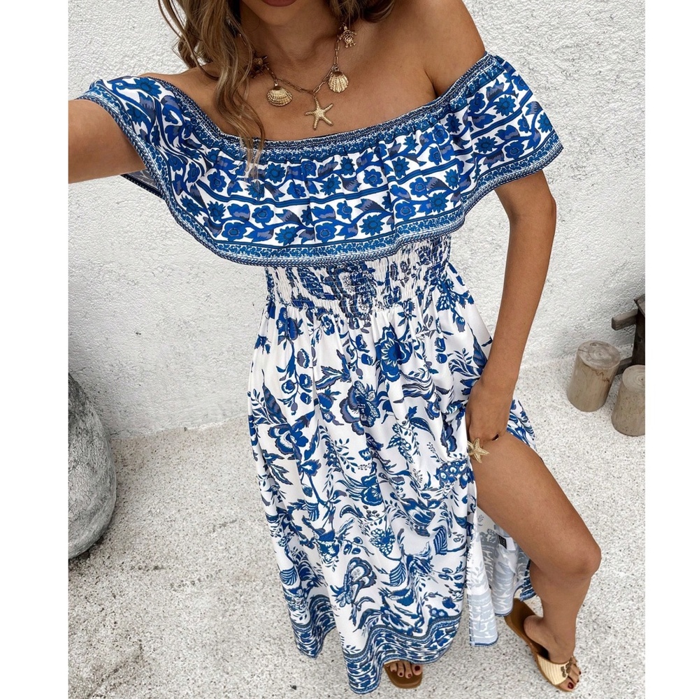 Boho Floral Print Ruffle Off Shoulder Split Thigh Maxi Dress - Picture 1 of 7